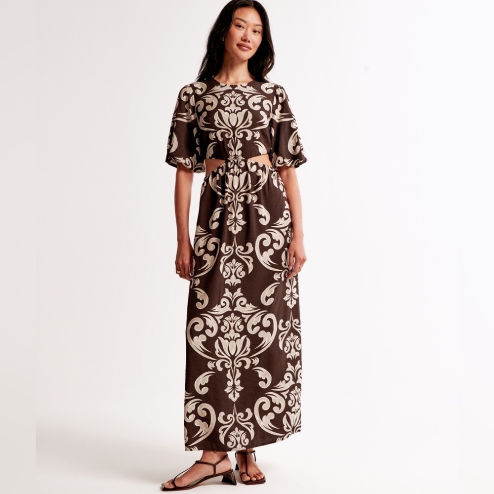 Abercrombie & Fitch Short Puff Sleeve Cutout Maxi Dress Brown Tan Floral Pattern